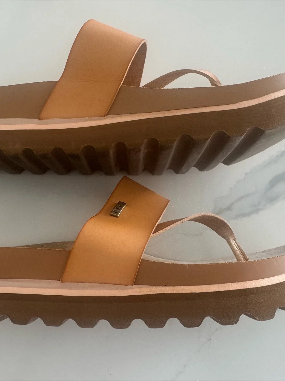 Reef Tan Leather platform Cork Footbed Thong Sandals